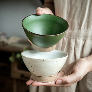 悠瓷特色手工粗陶斗笠碗家用加厚米饭碗复古陶瓷碗甜品碗高脚饭碗