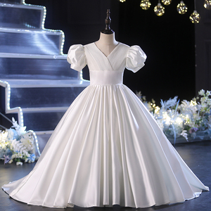 儿童白色礼服女童走秀洋气公主裙花童婚纱宝宝生日钢琴演出服拖尾