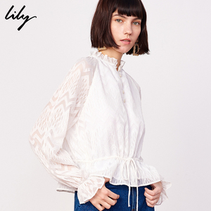 【520价】Lily2019春新款女装复古荷叶边白色抽绳收腰