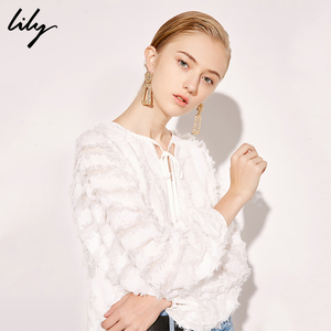 【李沁同款】Lily2019春新款气质白色宽松通勤长袖衬衫雪