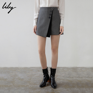 Lily2019春新款女装商务不对称灰色斜纹裙裤休闲裤119