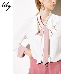 【女王价】预售Lily2019春新款拼色荷叶边系带白色长袖套