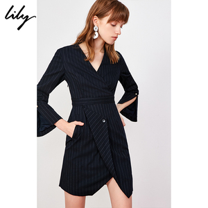 Lily2019春新款女装商务感条纹收腰修身不规则中长款连衣