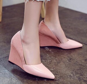 2017春新款真皮单鞋女31 32 33高跟鞋拼接尖头浅口坡跟女鞋40 41