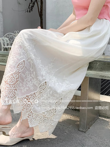 Tach Coco法式白色蕾丝花边半身裙女夏刺绣镂空高腰中长款直筒裙