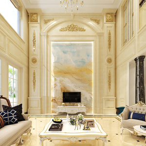 欧式复式楼别墅岩板瓷砖客厅挑高石材护墙板大理石背景墙罗马柱