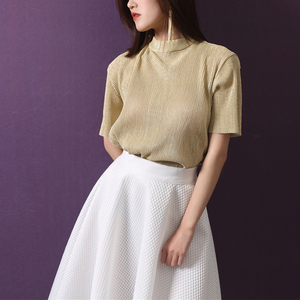 春夏新款大牌气质金丝线混纺金属色百褶短袖上衣显瘦百搭t恤女潮