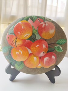 手绘石头画成品丙烯鹅卵石风景画摆件礼物苹果
