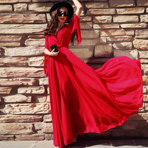 2024年新款女装夏季红色到脚踝沙滩雪纺超长款超仙连衣裙拖地长裙