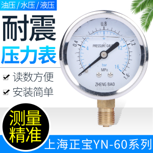 上海正宝仪表耐震压力表充油YN-60 0-1.6mpa不锈钢压力表防震抗震