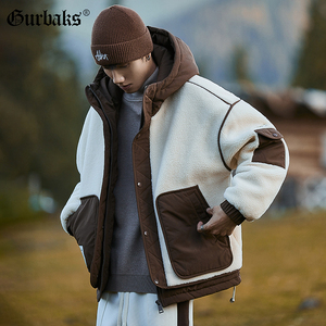 GURBAKS秋冬新款羽绒服男士加绒加厚拼接工装保暖羊羔毛冬装外套
