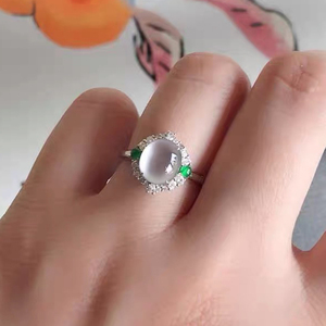 冰种翡翠戒指女款18k镶嵌蛋面白冰戒指结婚礼物送老婆自带带证书