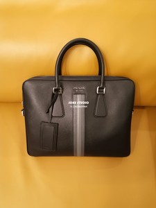 prada/普拉达男士经典公文包十字纹牛皮商务手提包电脑包条纹拼色