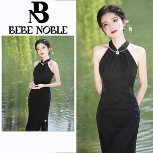 BEBE NOBLE 黑色复古性感改良挂脖旗袍女中式国风气质开叉连衣裙