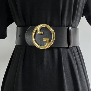 大圆圈金属扣头真牛皮时尚百搭宽腰带皮带装饰大衣连衣裙西服腰封