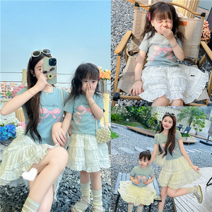 韩版母女装夏季女童亲子装蝴蝶结纯棉T恤短袖上衣休闲两件套薄款