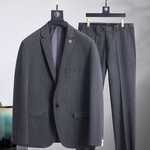 商务竖条纹休闲套装西服西裤两件套修身灰色修身套西男装潮G3C66