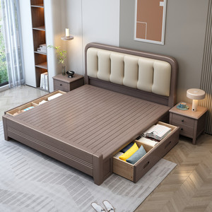 实木床真皮软包高箱储物双人床中式婚床现代简约北欧栎木原木大床