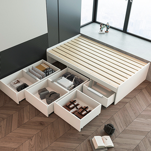 定制大抽屉储物床实木架床1米小户型高箱全拉床箱现代简约软包床
