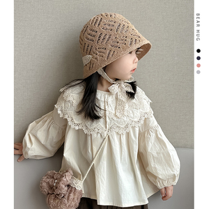 儿童帽子夏季薄款女童渔夫帽镂空系带百搭水桶帽出游遮阳防晒帽