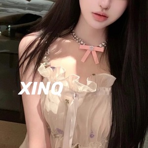 XINQ 粉粉蝴蝶结choker 张元英甜妹辣妹双层水钻白富美锁骨链项链