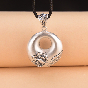 足银990银饰满雕荷叶莲花平安扣吊坠图案精致优雅大气复古风格女