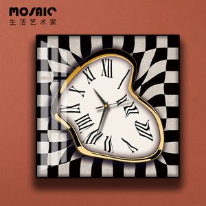 北欧复古网红记忆的永恒扭曲的时钟电表箱挂钟棋盘格配电箱装饰画