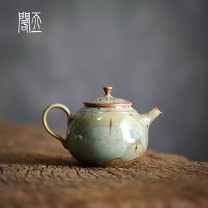 天一閣丨景德镇手工柴烧蕉叶绿窑变釉茶壶陶瓷粗陶个人把玩壶小号