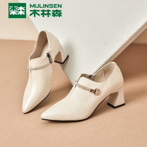 木林森单鞋女秋冬2021新款真皮深口尖头小皮鞋粗跟英伦软皮高跟鞋