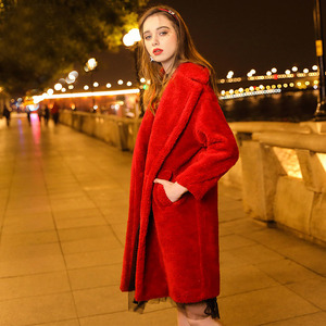 羊毛大衣红色中长款羊剪绒外套女chic韩版加厚2023冬新款