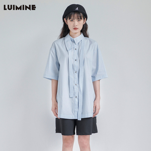 LUIMINE2024夏季新款短袖不规则衬衫设计感小众飘带上衣