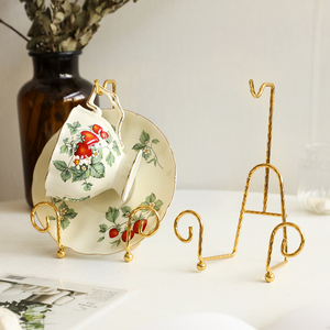 英伦风复古咖啡杯架轻奢铁艺展示架金色茶具支架沥水单套杯碟架子