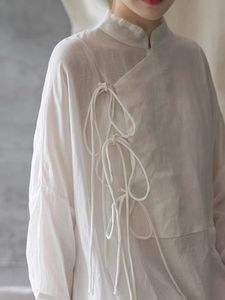 白色棉麻文艺中式复古轻薄中长款衬衫女夏季立领气质百搭长袖上衣