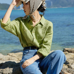 法式复古果绿色亚麻衬衫女早春小众防晒休闲宽松盐系棉麻长袖衬衣