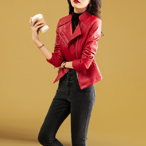 今年流行皮衣外套2024新款女装春季修身短款高级红色春秋pu皮夹克