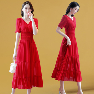 新款裙子2021年夏季女装夏天长裙超仙红色中长款大摆雪纺连衣裙潮