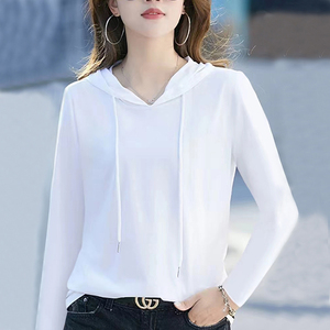 白色连帽长袖t恤女2024春秋新款韩版小众设计感宽松休闲小衫上衣