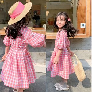 女童法式连衣裙夏款韩版度假风泡泡袖格子裙复古格子儿童裙