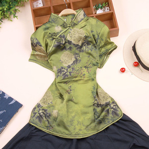 仿真丝中国风夏装唐装民族风中式改良短袖绿色黑色旗袍盘扣短上衣