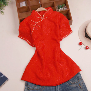 蕾丝中国风夏装唐装民族风中式改良短袖红色黑色旗袍盘扣短上衣