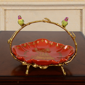 手绘景德镇陶瓷配铜水果盘摆件欧式客厅茶几美式创意装饰乔迁礼品