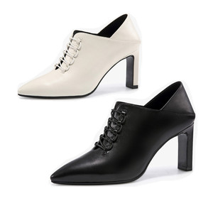 哈森女鞋2021新款羊皮尖头深口休闲系带粗高跟女单鞋hl97153