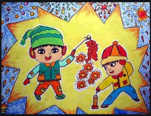 春节习俗儿童画2022虎年新年快乐放鞭炮新年年俗黑白线描创意画