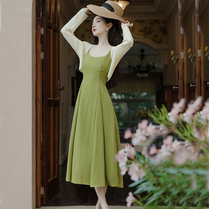 新品绿色吊带连衣裙针织开衫外套两件套装裙子复古女春夏季新款