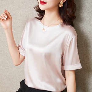 夏季重磅真丝短袖t恤女上衣桑蚕丝宽松显瘦圆领纯色半袖高贵小衫