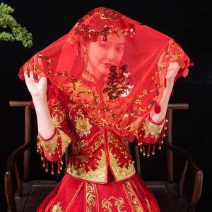 新娘红盖头结婚中式婚礼喜帕刺绣禾服盖头纱婚纱蒙头红色头巾龙凤