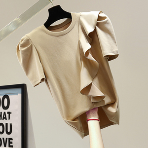 设计感荷叶边短袖t恤2022夏季韩版宽松显瘦纯色圆领泡泡袖上衣潮