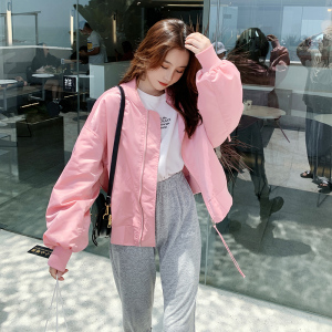 chic元气少女棒球服春季新款韩版宽松减龄圆领小个子粉色短外套女
