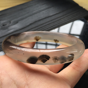 天然发丝玛瑙玉髓手镯海洋冰透水墨俏色花窄宽圆条女款一物一图