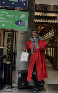 正品~韩国代购东大门冬季优质小众复古红色气场长款双面羊绒大衣